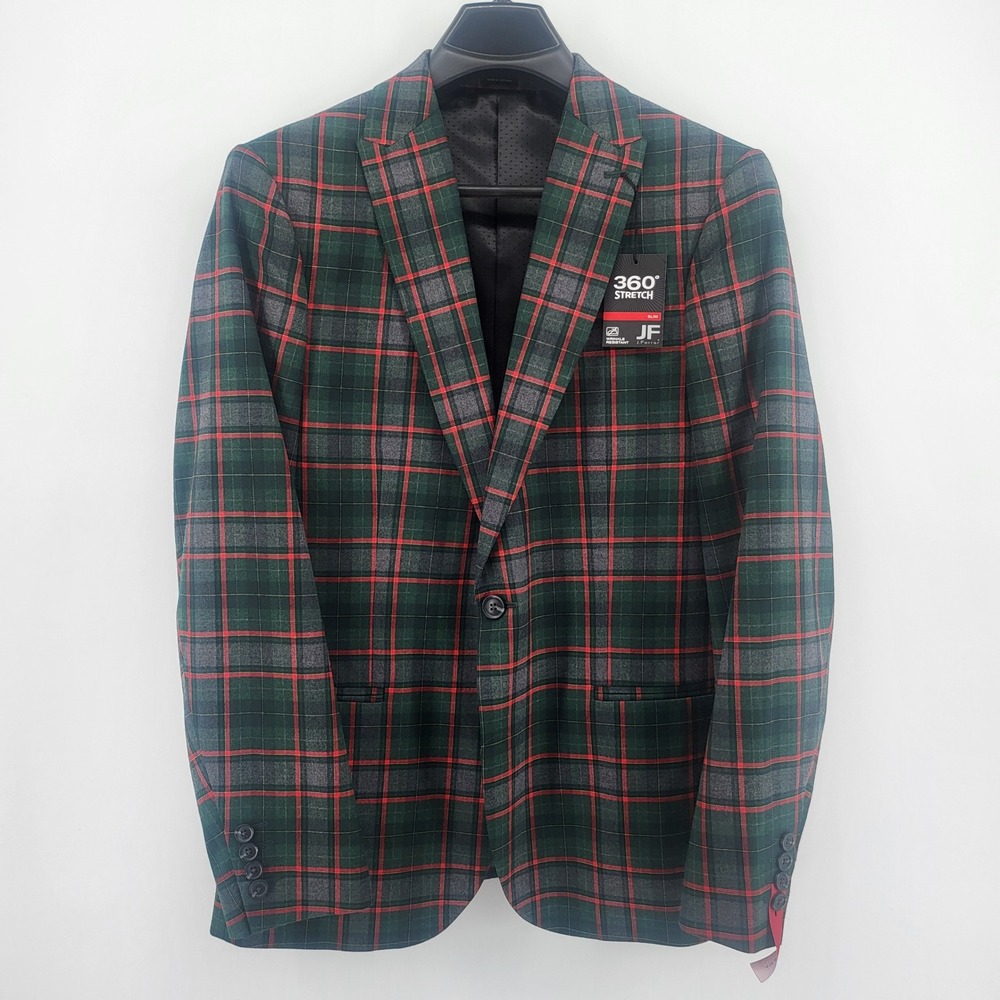 JF J Ferrar‎ Men's Slim Fit Plaid Blazer Jacket Green Red Tartan 38/40 Regular